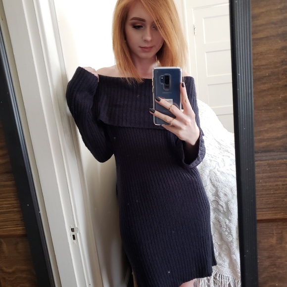 Blue off the shoulder sweater dress - Picture 1 of 5